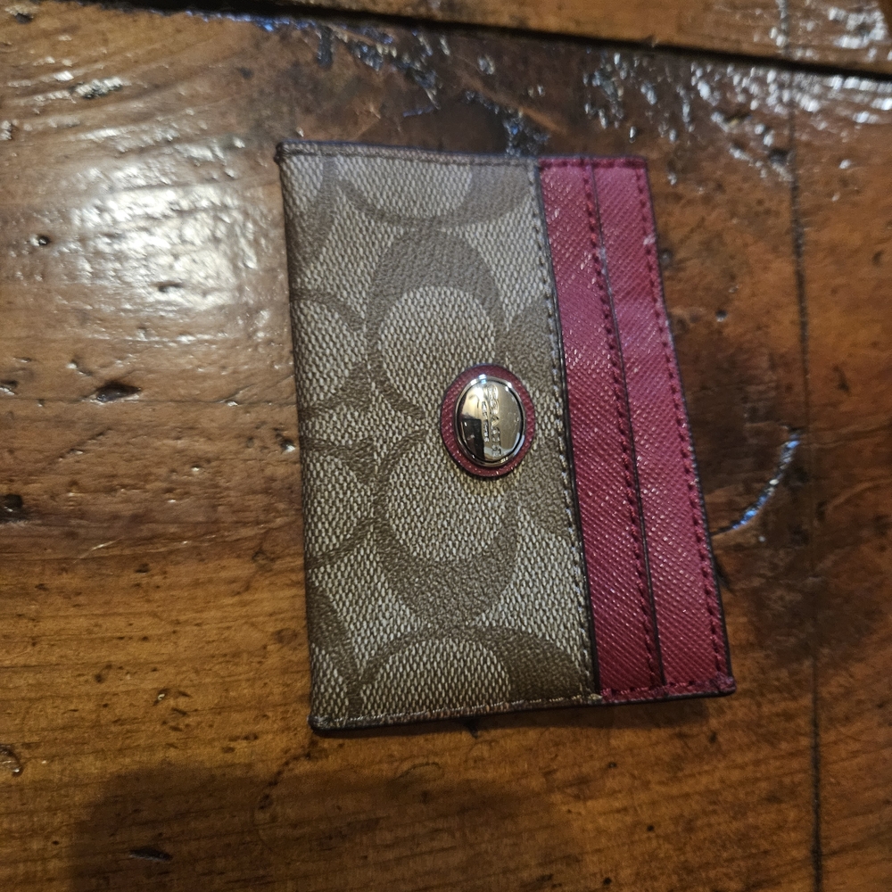 Coach Signature Card Holder with Burgundy Accent